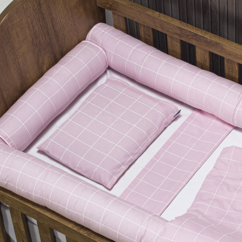 Kit de Capas de Rolinho para Berço 4 peças 100 % Algodão - Grid Rosa