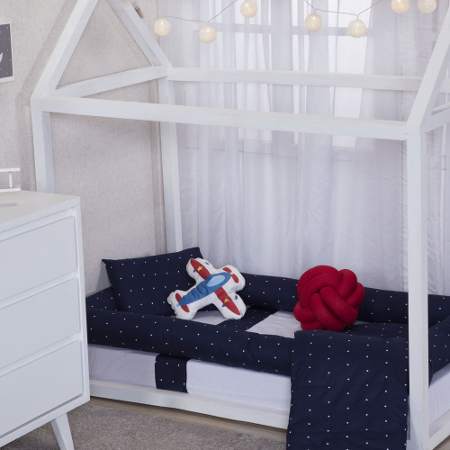 Kit Montessoriano Mini cama Moderninhos Rolinho 4 peças 100% algodão- Poá Marinho