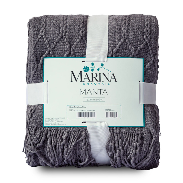 Manta Tricot texturizada com franjas 1,27 x 1,52m Cinza - Marina