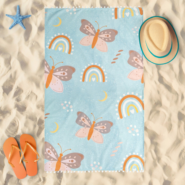 Toalha de Praia Linha Summer com pompom - Borboleta Azul