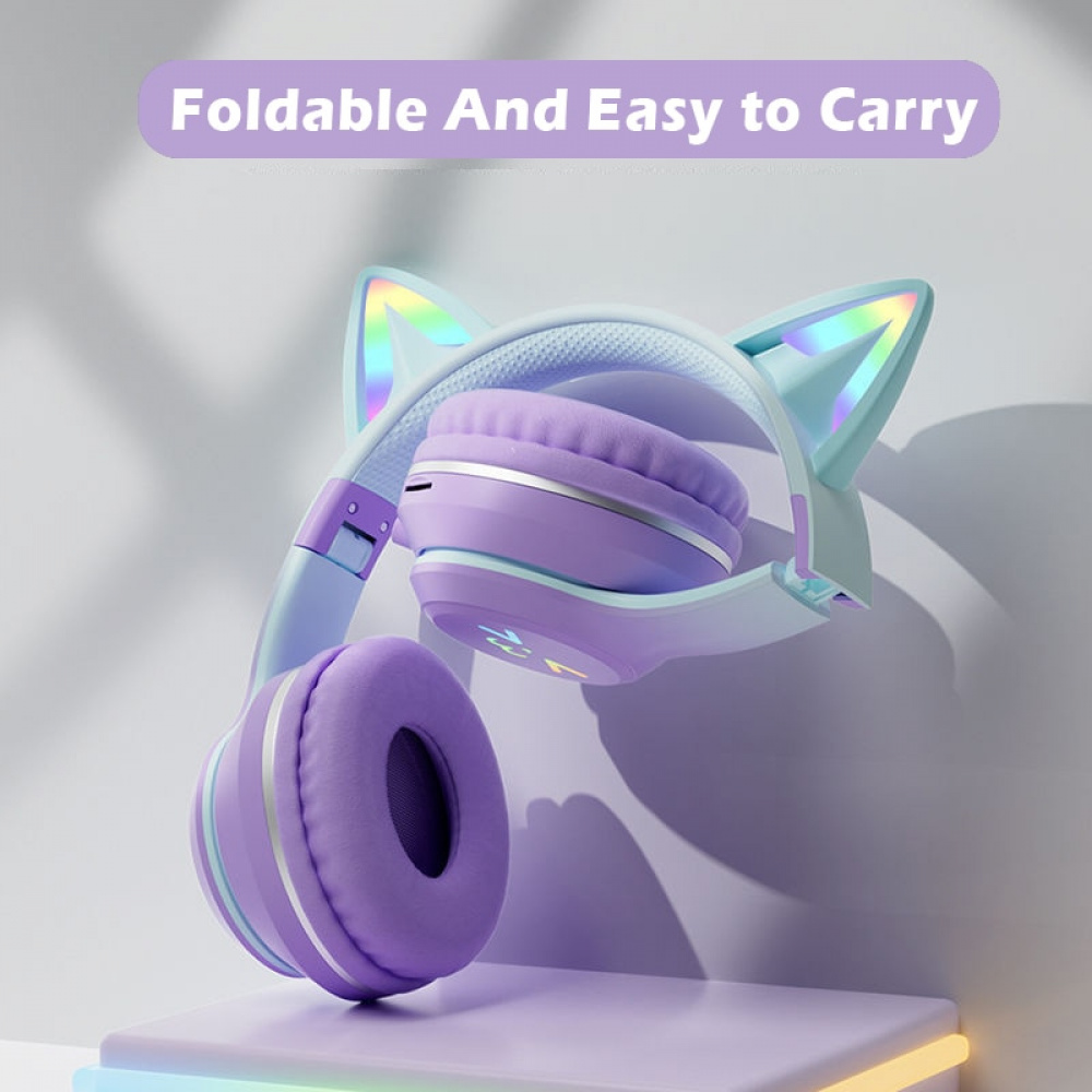 Fone de ouvido RGB, fone de ouvido com fio pata de gato com microfone  giratório de 360°, fone de ouvido estéreo leve para jogos para meninas roxo