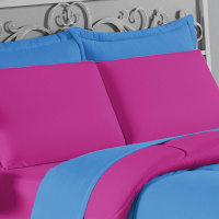 Edredom Casal 100% Algodão Em Malha Fio 30/1 Dupla Face Kit 03 Peças - Pink Com Azul Turquesa