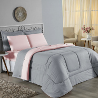 Edredom Casal 100% Algodão Em Malha Fio 30/1 Dupla Face Kit 04 Peças - Rosa Com Cinza