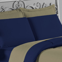 Edredom Casal 100% Algodão Em Malha Fio 30/1 Dupla Face Kit 05 Peças - Azul Marinho Com Cáqui