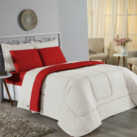 Edredom Casal 100% Algodão Em Malha Fio 30/1 Dupla Face Kit 05 Peças - Vermelho Com Palha