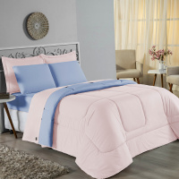 Edredom Casal King 100% Algodão Em Malha Fio 30/1 Dupla Face Kit 03 Peças - Azul Claro Com Rosa