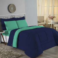 Edredom Casal King 100% Algodão Em Malha Fio 30/1 Dupla Face Kit 04 Peças - Jade Com Azul Marinho