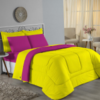 Edredom Casal King 100% Algodão Em Malha Fio 30/1 Dupla Face Kit 04 Peças - Pink Com Amarelo