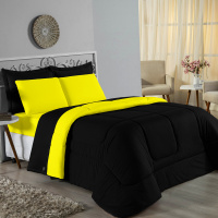 Edredom Casal King 100% Algodão Em Malha Fio 30/1 Dupla Face Kit 05 Peças -Amarelo Com Preto