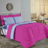 Edredom Casal King 100% Algodão Em Malha Fio 30/1 Dupla Face Kit 05 Peças - Azul Claro Com Pink