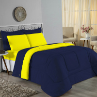 Edredom Casal Queen 100% Algodão Em Malha Fio 30/1 Dupla Face Kit 03 Peças - Amarelo Com Azul Marinho