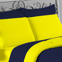 Edredom Casal Queen 100% Algodão Em Malha Fio 30/1 Dupla Face Kit 03 Peças - Amarelo Com Azul Marinho