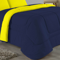 Edredom Casal Queen 100% Algodão Em Malha Fio 30/1 Dupla Face Kit 03 Peças - Amarelo Com Azul Marinho