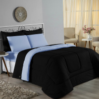 Edredom Casal Queen 100% Algodão Em Malha Fio 30/1 Dupla Face Kit 03 Peças - Azul Claro Com Preto