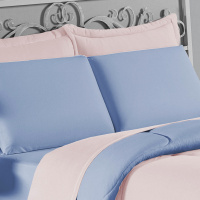 Edredom Casal Queen 100% Algodão Em Malha Fio 30/1 Dupla Face Kit 03 Peças - Azul Claro Com Rosa