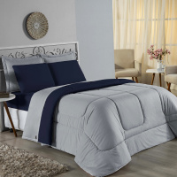 Edredom Casal Queen 100% Algodão Em Malha Fio 30/1 Dupla Face Kit 03 Peças - Azul Marinho  Com Cinza