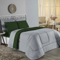 Edredom Casal Queen 100% Algodão Em Malha Fio 30/1 Dupla Face Kit 03 Peças - Verde Com Cinza