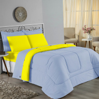Edredom Casal Queen 100% Algodão Em Malha Fio 30/1 Dupla Face Kit 04 Peças - Amarelo Com Azul Claro