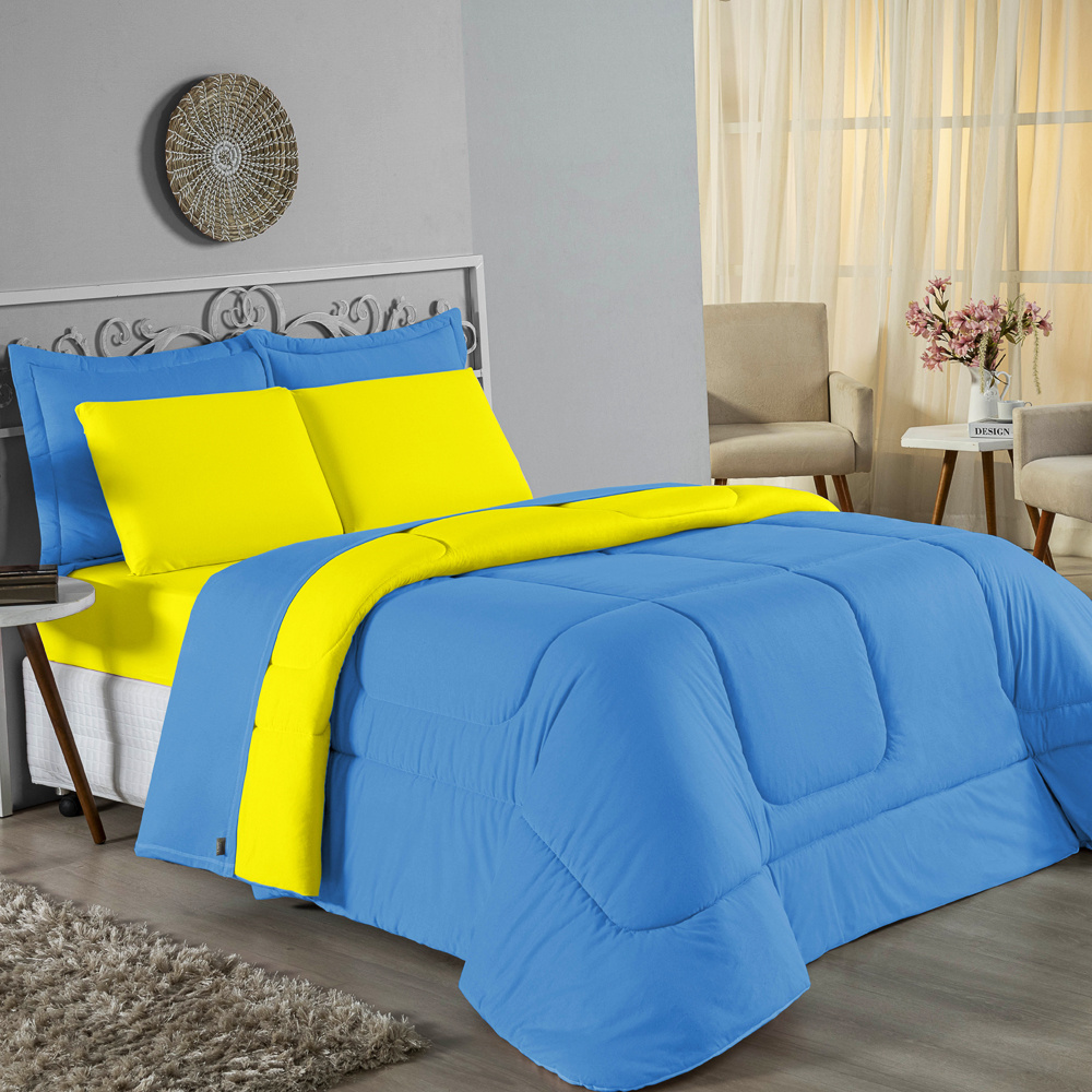 Edredom Casal Queen 100% Algodão Em Malha Fio 30/1 Dupla Face Kit 04 Peças - Amarelo Com Azul Turquesa