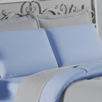 Edredom Casal Queen 100% Algodão Em Malha Fio 30/1 Dupla Face Kit 04 Peças - Azul Claro  Com Cinza