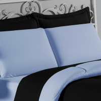 Edredom Casal Queen 100% Algodão Em Malha Fio 30/1 Dupla Face Kit 04 Peças - Azul Claro Com Preto