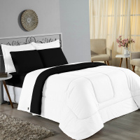 Edredom Casal Queen 100% Algodão Em Malha Fio 30/1 Dupla Face Kit 04 Peças - Branco Com Preto