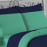 Edredom Casal Queen 100% Algodão Em Malha Fio 30/1 Dupla Face Kit 04 Peças - Jade Com Azul Marinho