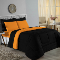 Edredom Casal Queen 100% Algodão Em Malha Fio 30/1 Dupla Face Kit 04 Peças - Laranja Com Preto