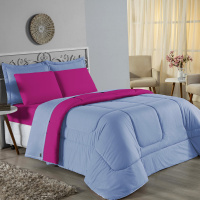 Edredom Casal Queen 100% Algodão Em Malha Fio 30/1 Dupla Face Kit 04 Peças - Pink Com Azul Claro