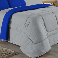 Edredom Casal Queen 100% Algodão Em Malha Fio 30/1 Dupla Face Kit 05 Peças - Azul Royal Com Cinza
