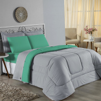 Edredom Casal Queen 100% Algodão Em Malha Fio 30/1 Dupla Face Kit 05 Peças - Jade Com Cinza