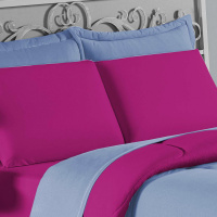 Edredom Casal Queen 100% Algodão Em Malha Fio 30/1 Dupla Face Kit 05 Peças - Pink Com Azul Claro