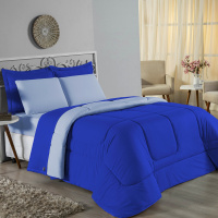 Edredom Queen 100% Algodão Em Malha Fio 30/1 Dupla Face Kit 04 Peças - Azul Claro Com Azul Royal