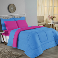 Edredom Queen 100% Algodão Em Malha Fio 30/1 Dupla Face Kit 05 Peças - Pink Com Azul Turquesa
