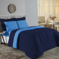 Edredom Queen 100% Algodão Em Malha Fio 30/1 Dupla Face Kit 4 Peças - Azul Turquesa Com Azul Marinho