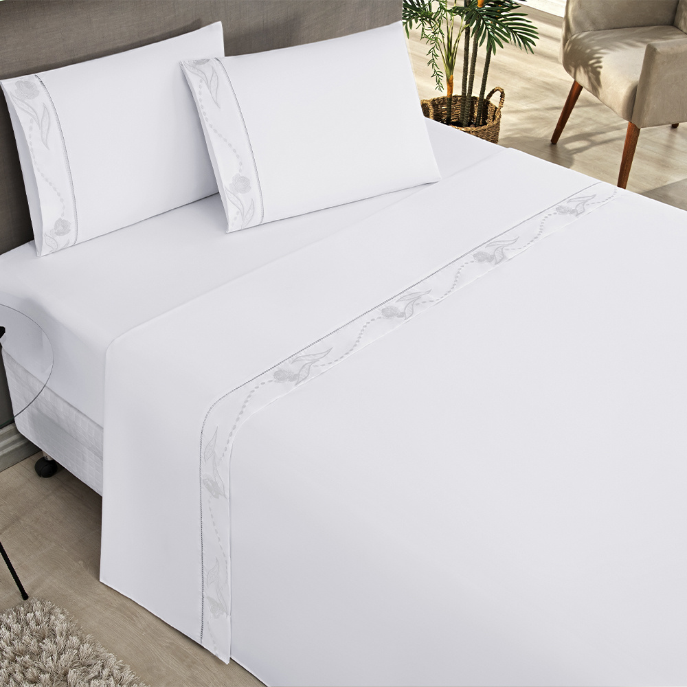 Jogo De Cama Bordado Com Ponto Palito Casal Padrão 04 Peças Tecido Misto Percal 180 Fios Imperial - Branco