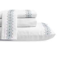 Jogo De Cama Casal Padrão Bordado 04 Peças Tecido Misto 160 Fios Piazza - Branco Com Azul