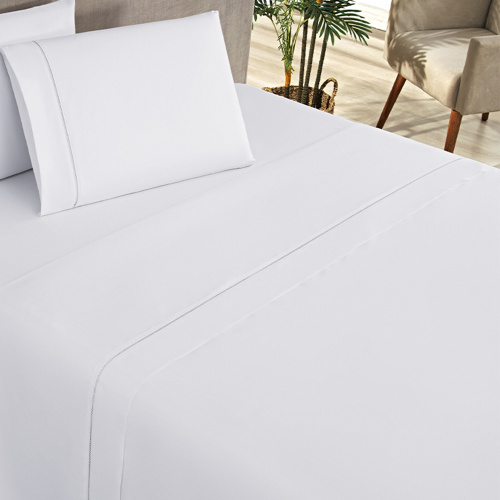 Jogo De Cama Com Ponto Palito Solteiro 03 Peças Tecido Misto Percal 180 Fios Elegance - Branco