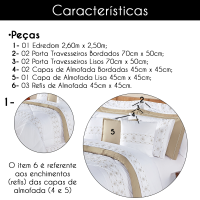 Kit Edredom Bordado Queen 11 Peças Tecido 100% Algodão Percal 200 Fios Damasco - Branco Com Bege