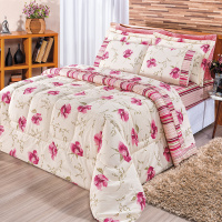 Kit Edredom Dupla Face Estampado Casal Padrão 03 Peças Tecido Misto Percal 180 Fios Requinte - Floral Rosê