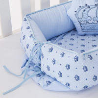 Ninho Para Bebê Redutor De Berco 02 Peças 70cm x 50cm 100% Algodão Menino Coroa Imperial - Azul Claro