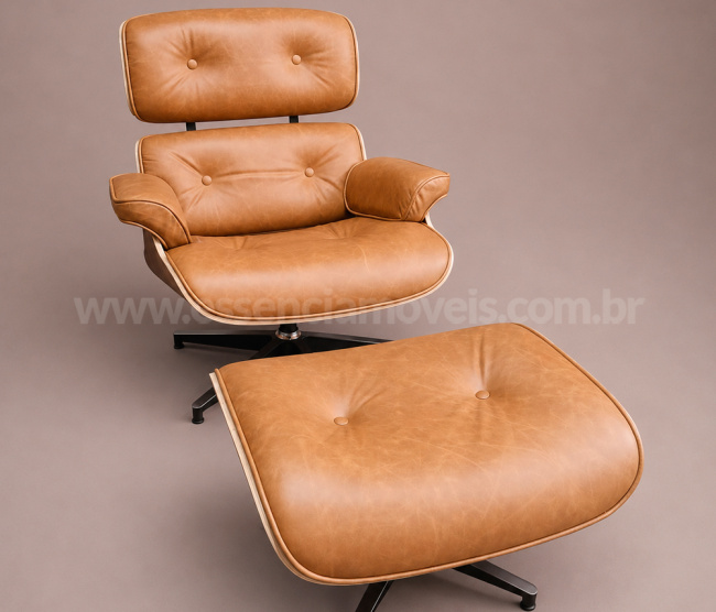 Poltrona e Puff Charles Eames - Couro Envelhecido