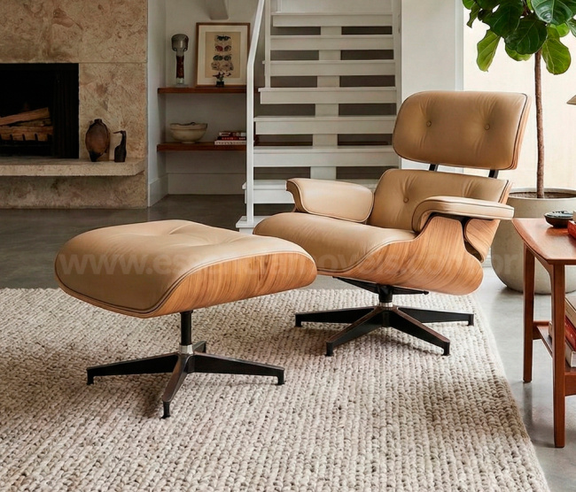Poltrona e Puff Charles Eames - Madeira Freijó - Couro Bege