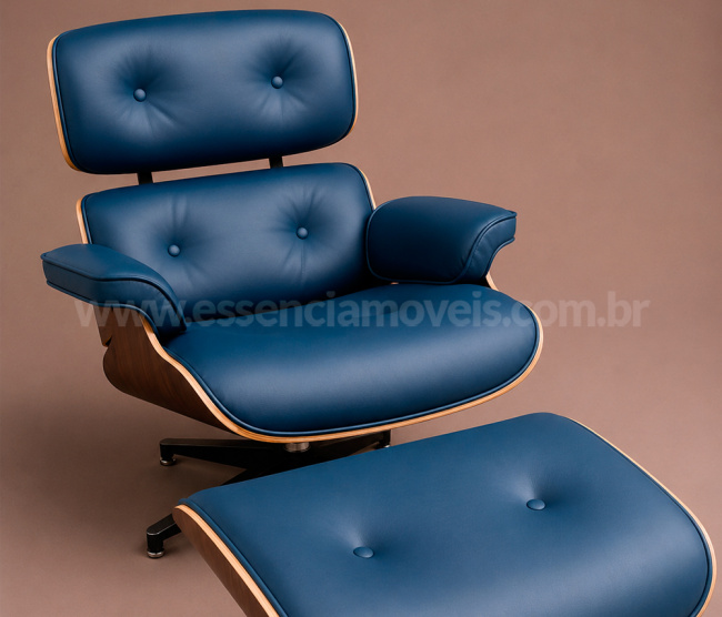 Poltrona e Puff Charles Eames - Madeira Pau Ferro - Couro Azul 328