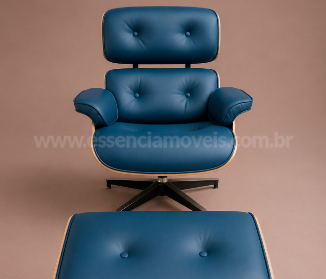 Poltrona e Puff Charles Eames - Madeira Pau Ferro - Couro Azul 328