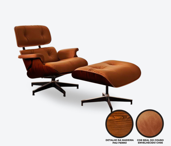 Poltrona e Puff Charles Eames - Madeira Pau Ferro - Couro Envelhecido Whisky CH05