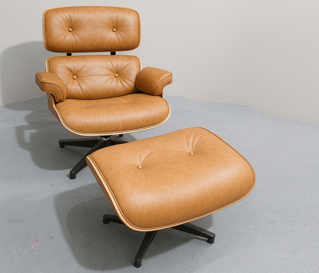 Poltrona e Puff Charles Eames - Madeira Pau Ferro - Couro Envelhecido Whisky CH05