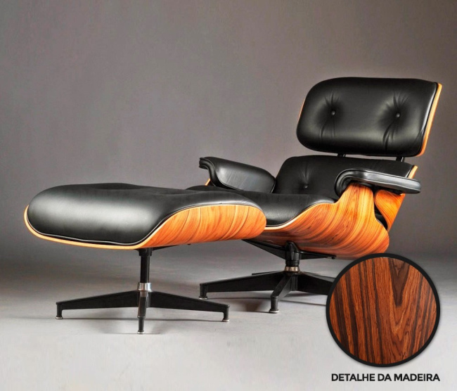 Poltrona e Puff Charles Eames - Madeira Pau Ferro - Couro Preto