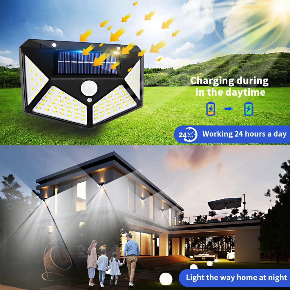 Luminária Solar 100 Led Com Sensor Para Jardim Externa Prova D'água Luz