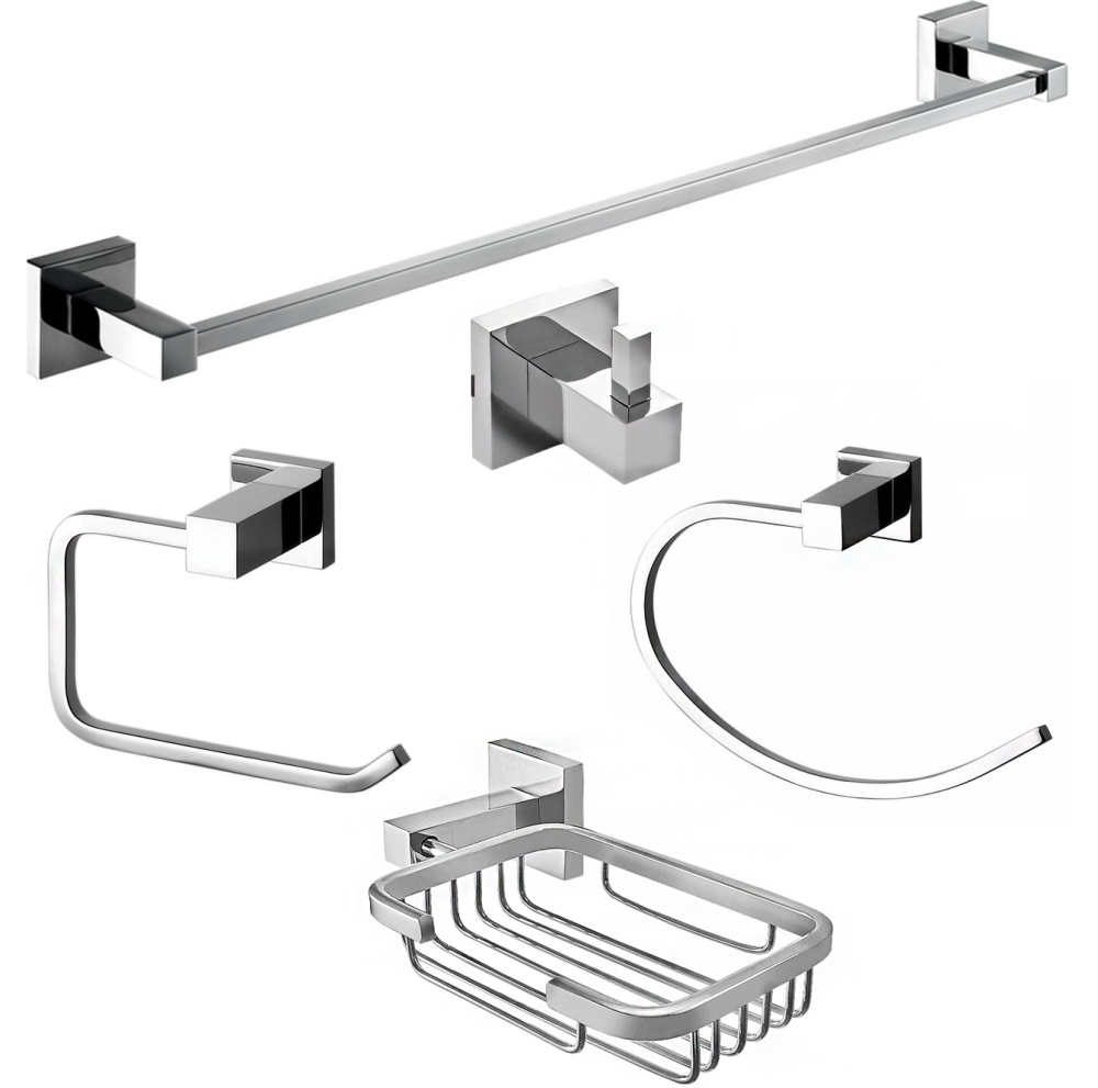 Kit Para Banheiro De Luxo Completo - Inox- Cromado 5 Peças - Fine Metais